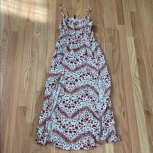 H&M Midi Dress Womens 4 White Red Rose Floral Print Feminine Romantic Coquette